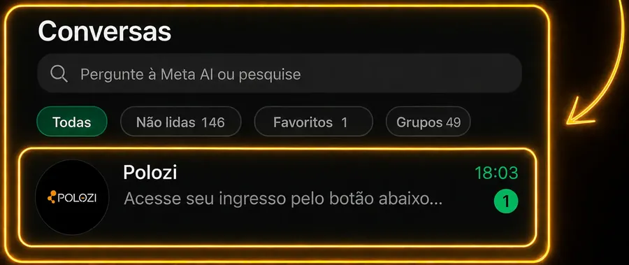 Mensagem do Polozi no WhatsApp: acesse seu ingresso pelo botão abaixo